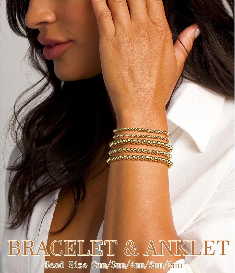 17mile Gold Beaded Bracelets for Women, 5 Pcs Dainty 14K Gold Plated Chunky Stretch Bead Ball Bracelet Stack - Image 3